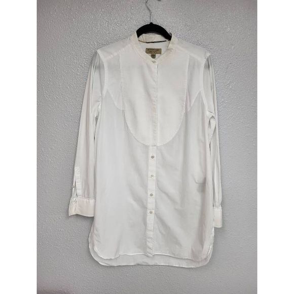 Burberry Tops - Burberry Blouse Women's 12 White Solid Long Sleeve Band Collar Textured Cotton